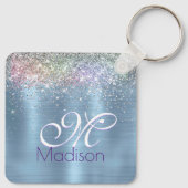 Cute iridescen ice blue faux monogram sleutelhanger (Achterkant)