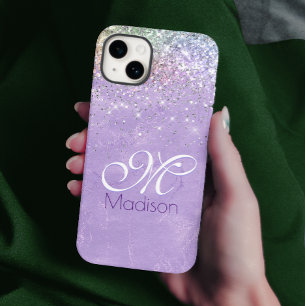 Cute iridescen lila paarse faux glitter monogram Case-Mate iPhone 14 hoesje