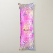 Cute iridescen Silfaux glitter monogram Lichaamskussen (Achterkant (Verticaal))