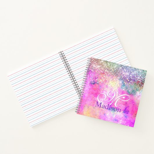 Cute iridescen Silfaux glitter monogram notebook Notitieboek (Binnen)