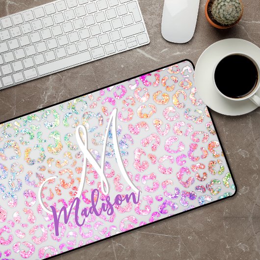 Cute iridescent Animal print glitter monogram Bureaumat
