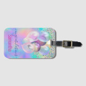 Cute iridescent blue glitter ballons monogram bagagelabel (Voorkant (horizontaal))
