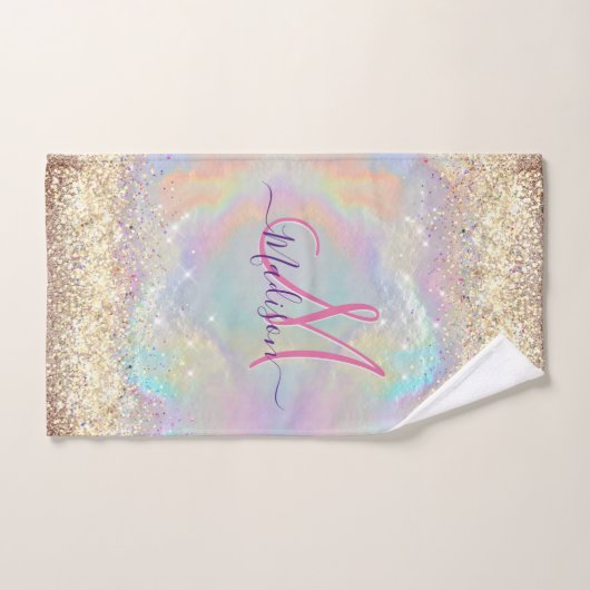 Cute iridescent faux gold glitter monogram bad handdoek (Handdoek)