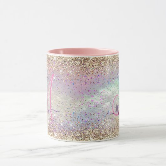 Cute iridescent faux gold glitter monogram mok (Midden)