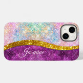 Cute iridescent fuchsia gold faux glitter monogram Case-Mate iPhone case (Achterkant (horizontaal))