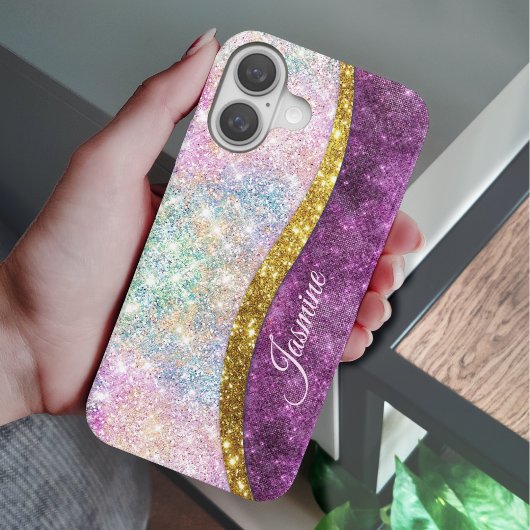 Cute iridescent fuchsia gold faux glitter monogram Case-Mate iPhone case
