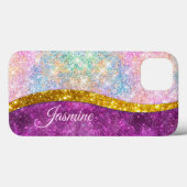 Cute iridescent fuchsia gold faux glitter monogram Case-Mate iPhone case (Achterkant (horizontaal))