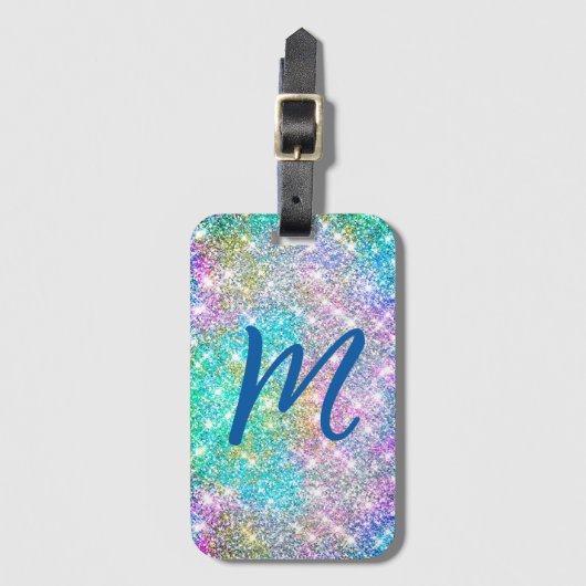 Cute iridescent kleurig faux glitter monogram bagagelabel (Voorkant (verticaal))