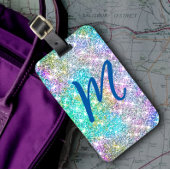 Cute iridescent kleurig faux glitter monogram bagagelabel