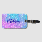 Cute iridescent kleurige faux glitter monogram lug bagagelabel (Voorkant (horizontaal))