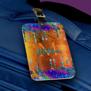 Cute iridescent oranje Glitter Drift monogram Bagagelabel