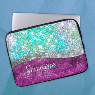 Cute iridescent paars blauwgroen faux glitter mono laptop sleeve