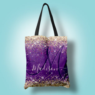 Cute iridescent paars goudfaux glitter monogram draagtas