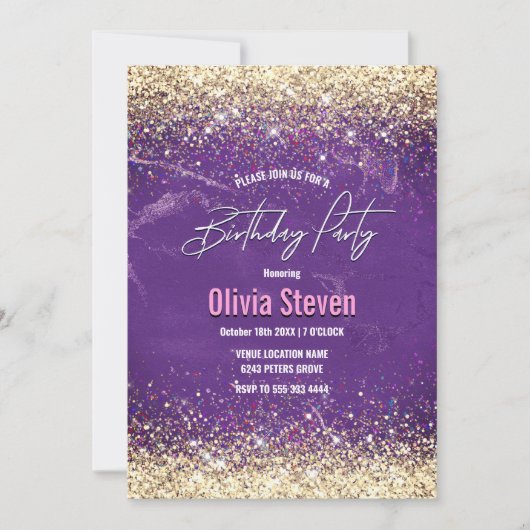 Cute iridescent paars goudfaux glitter monogram kaart (Voorkant)