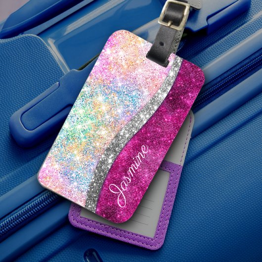 Cute iridescent roze faux glitter monogram bagagelabel