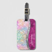 Cute iridescent roze faux glitter monogram bagagelabel (Voorkant (verticaal))