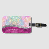 Cute iridescent roze faux glitter monogram bagagelabel (Voorkant (horizontaal))