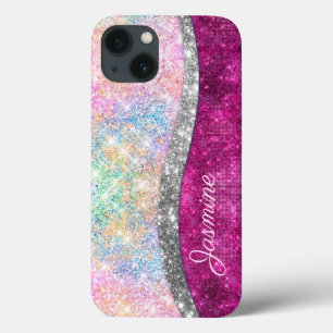 Cute iridescent roze faux glitter monogram iPhone 13 hoesje