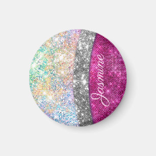 Cute iridescent roze faux glitter monogram magneet