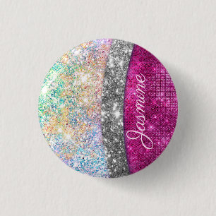 Cute iridescent roze faux glitter monogram ronde button 3,2 cm