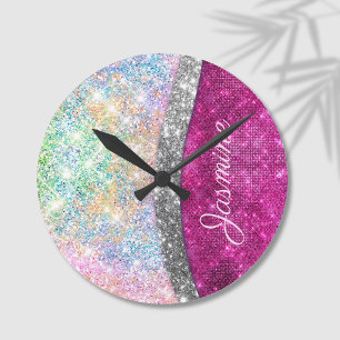 Cute iridescent roze faux glitter monogram ronde klok