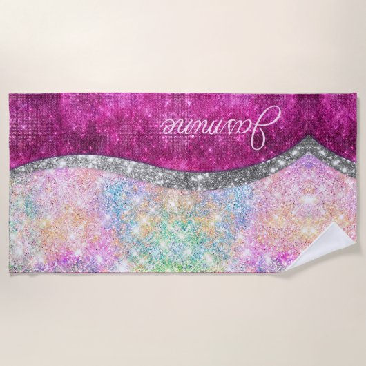 Cute iridescent roze faux glitter monogram strandlaken (Voorkant)