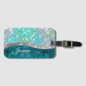 Cute iridescent turquoise faux glitter monogram bagagelabel (Voorkant (horizontaal))