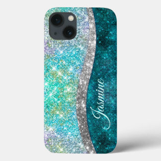 Cute iridescent turquoise faux glitter monogram iPhone 13 hoesje