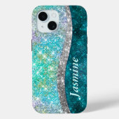 Cute iridescent turquoise faux glitter monogram Case-Mate iPhone case (Achterkant)