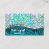 Cute iridescent turquoise faux glitter monogram visitekaartje (Voorkant)