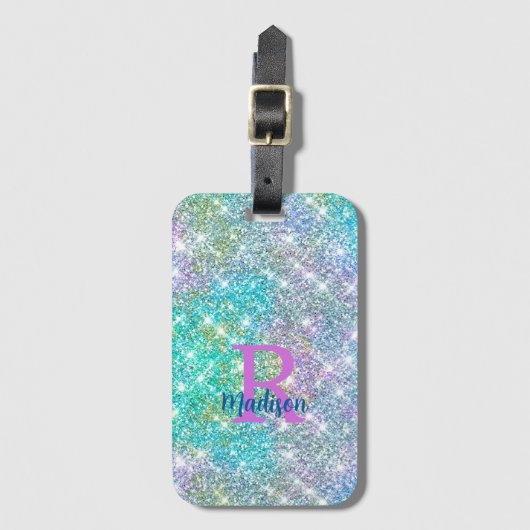 Cute iridescent unicorn blue faux monogram bagagelabel (Voorkant (verticaal))