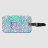 Cute iridescent unicorn blue faux monogram bagagelabel (Voorkant (horizontaal))