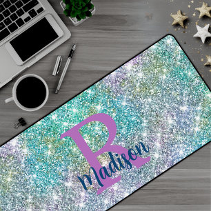 Cute iridescent unicorn blue faux monogram bureaumat