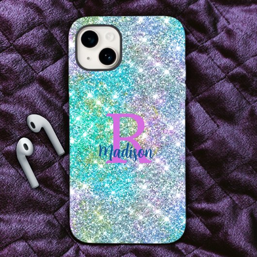 Cute iridescent unicorn blue faux monogram Case-Mate iPhone case