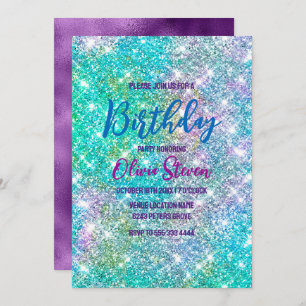 Cute iridescent unicorn blue faux monogram kaart