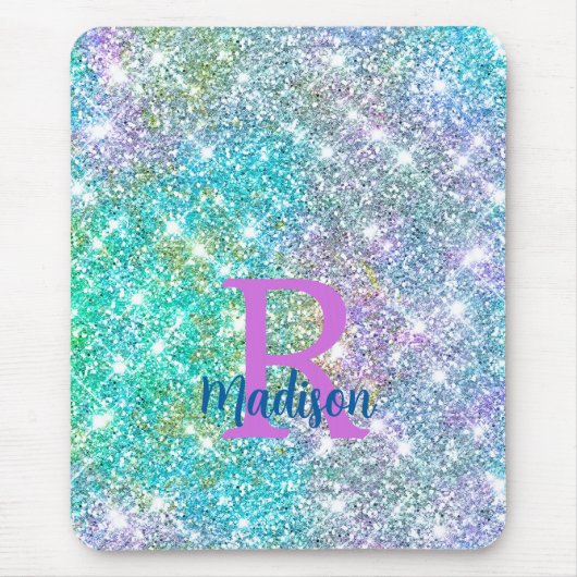 Cute iridescent unicorn blue faux monogram muismat (Voorkant)