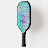 Cute iridescent unicorn blue faux monogram pickleball paddle (Links)