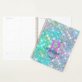 Cute iridescent unicorn blue faux monogram planner (Display)