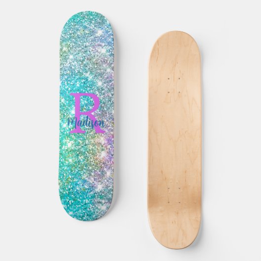 Cute iridescent unicorn blue faux monogram skateboard (Voorkant)