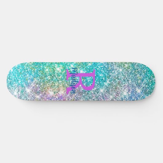 Cute iridescent unicorn blue faux monogram skateboard (Horizontaal)