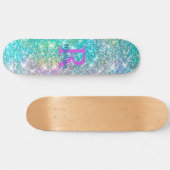 Cute iridescent unicorn blue faux monogram skateboard (Horizontaal)