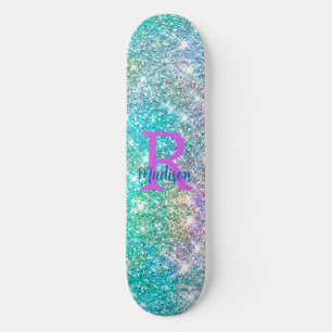 Cute iridescent unicorn blue faux monogram skateboard