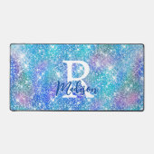Cute iridescent unicorn blue roze glitter monogram bureaumat (Voorkant)