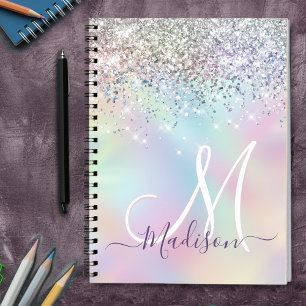 Cute iridescent unicorn faux glitter monogram notitieboek