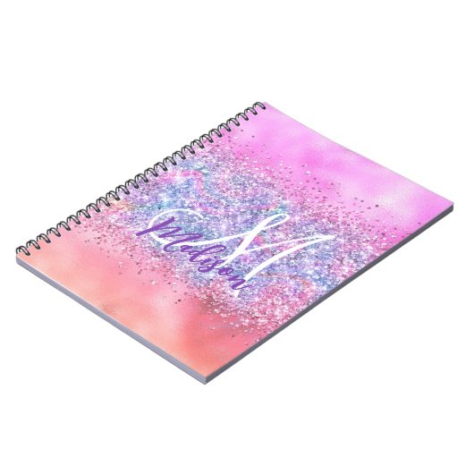 Cute iridescent unicorn ombre glitter monogram notitieboek (Linkerzijde)