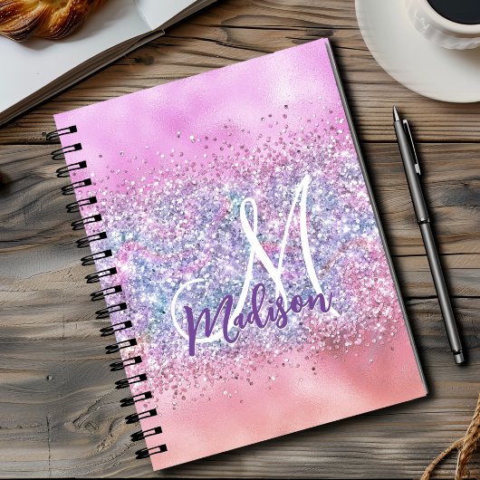 Cute iridescent unicorn ombre glitter monogram notitieboek