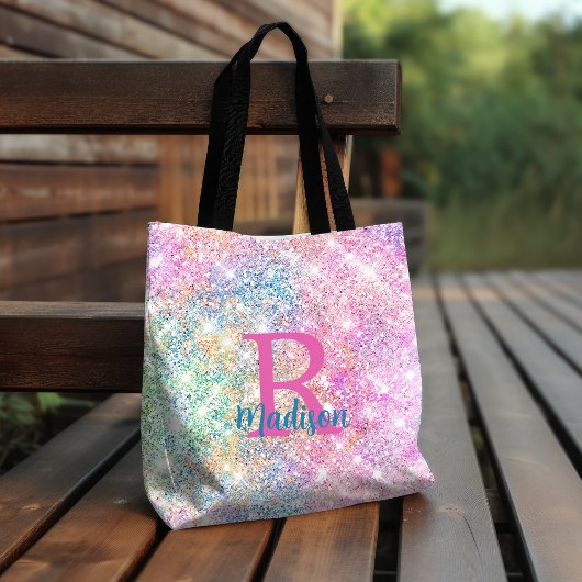 Cute iridescent unicorn roze faux glitter monogram draagtas
