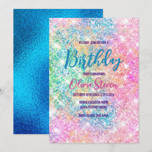 Cute iridescent unicorn roze faux glitter monogram kaart