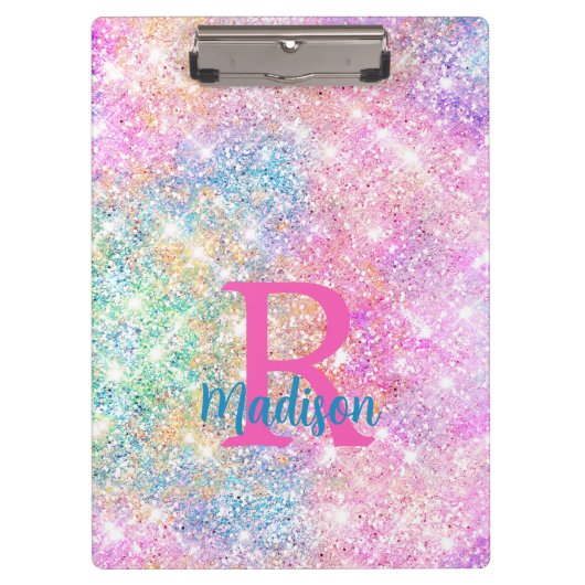 Cute iridescent unicorn roze faux glitter monogram klembord (Voorkant)