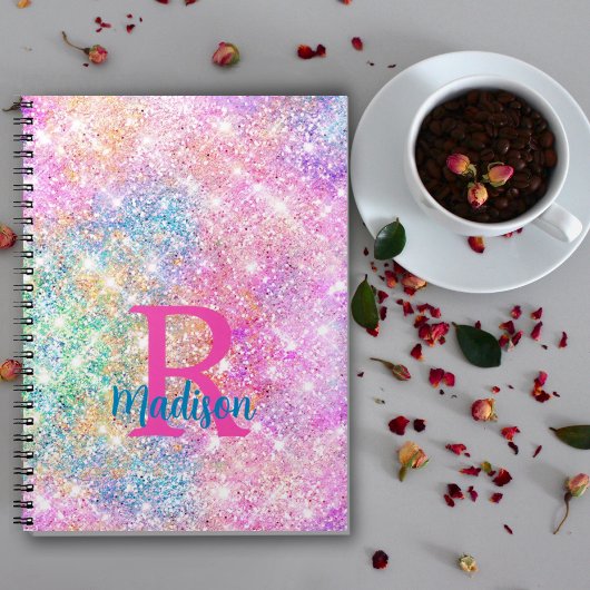 Cute iridescent unicorn roze faux glitter monogram notitieboek